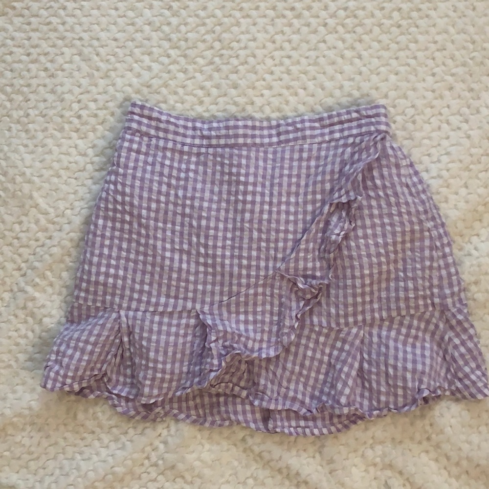 Cottage-core Lavendar Mini Skirt with Checked Pattern and Wrap Ruffle
